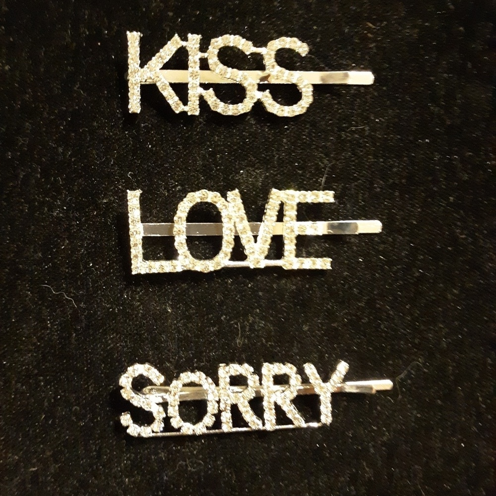 New 3pc Rhineston Bobby Pins. Love, Kiss and Sorry Bundle.
